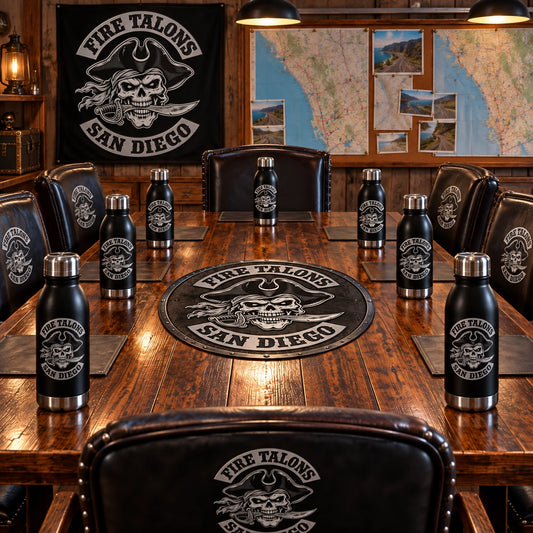 coordinated logo bottles on an empty clubhouse meeting table for a motorcycle club.