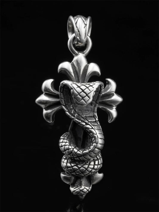 Cobra cross sterling silver gothic biker pendant front view