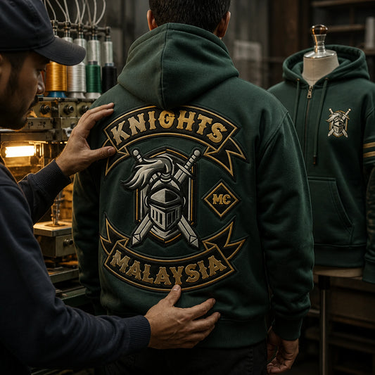 A craftsperson checks the layered appliqué, embroidery and print on the back of a motorcycle club zip hoodie.