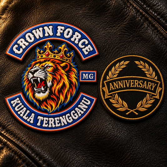 Embroidered club anniversary milestone patch paired with the approved logo and no invented year for a motorcycle club, shown at dark leather presentation surface.