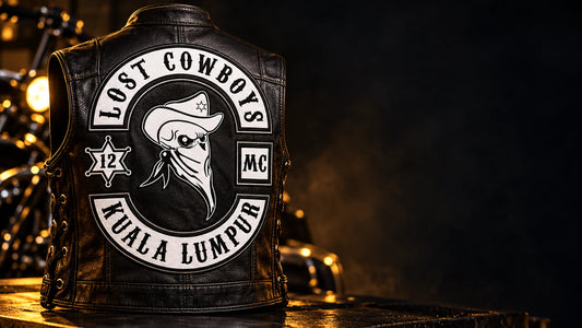 Full black leather vest with coordinated solid club colors shown for a custom motorcycle club patch system in moody premium studio.