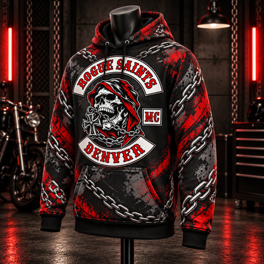 Single front three-quarter view of a complete Rogue Saints Denver motorcycle club all-over print hoodie design.