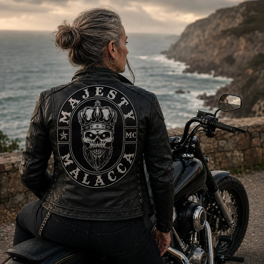 AI concept of a coordinated motorcycle club back patch set.