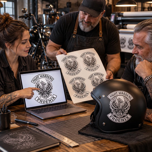 Designer, print operator and club representative reviewing the full custom sticker service from proof to finished product.