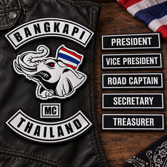 Mixed-title motorcycle club officer patch order ready for confirmation.