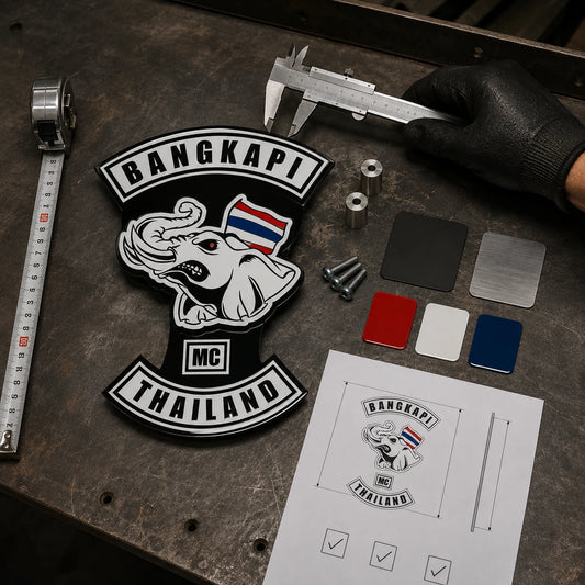 Motorcycle club metal sign sample being checked with size, finish and mounting options.