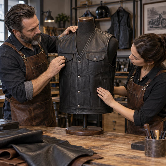 Blank motorcycle club leather vest sample being inspected before approval.