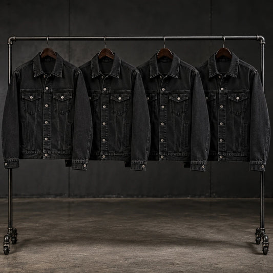 Coordinated black denim jackets maintaining one consistent club specification.