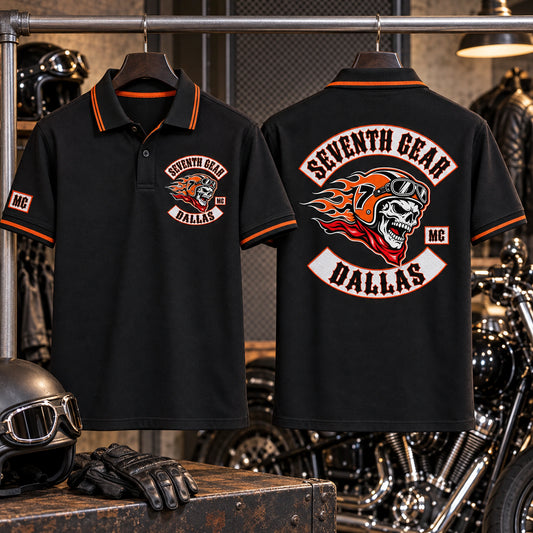 Black Seventh Gear Dallas polo samples display orange contrast collar and cuffs with chest, sleeve and large back club logos.