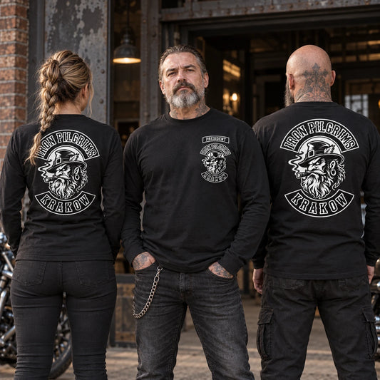 Motorcycle club members and officers wearing coordinated custom long-sleeve chapter uniforms.