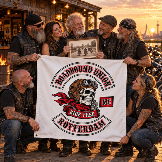 Older motorcycle club riders gathered around a commemorative custom banner at a mountain turnout.