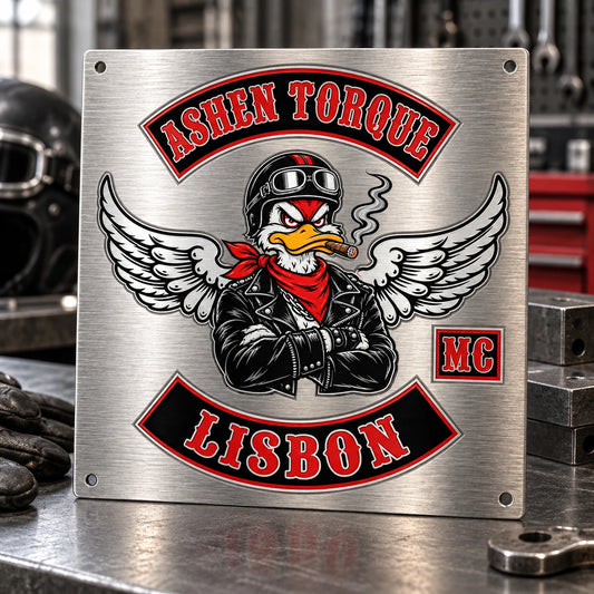 Brushed-metal motorcycle club sign showing directional grain and an approved emblem.