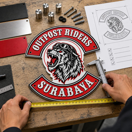 Motorcycle club metal sign sample being checked with size, finish and mounting options.