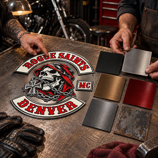 Custom motorcycle club metal sign reviewed beside finish samples for the intended display space.