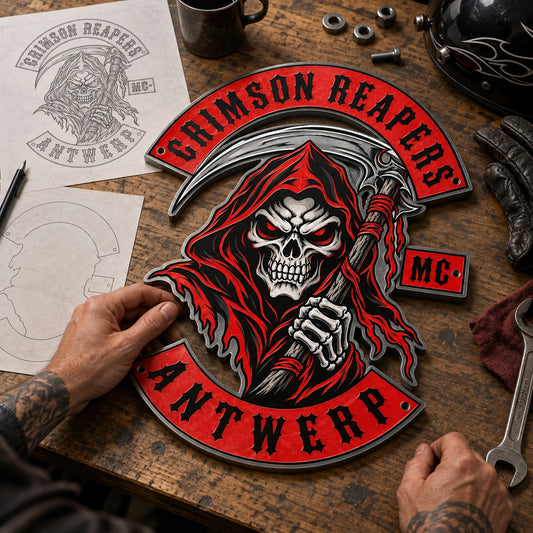 Custom-shape motorcycle club sign developed around the proportions of approved club artwork.