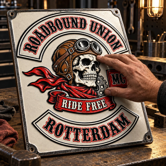 Embossed motorcycle club metal sign with raised club artwork and recessed background details.
