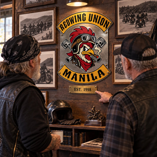 Motorcycle club founding-year metal sign displayed beside chapter history photographs.