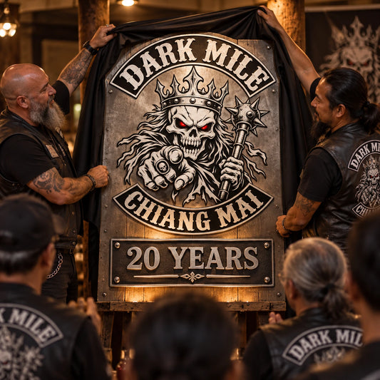 Chapter officers unveiling a commemorative motorcycle club anniversary metal sign.