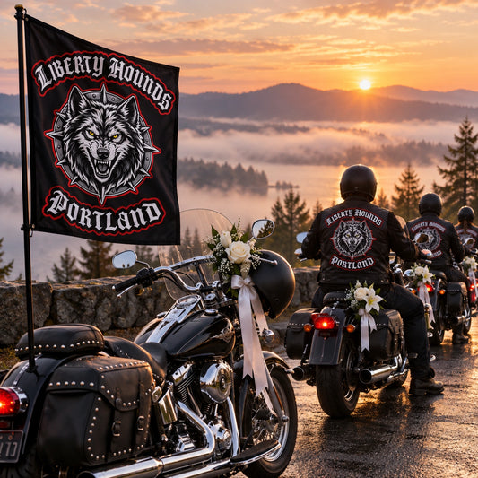 Riders honoring a fallen brother beside a custom memorial ride event banner.