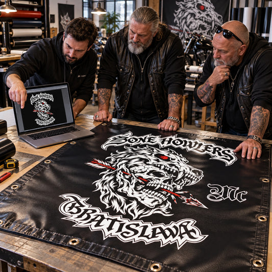 A club representative reviewing authorized logo artwork on a custom motorcycle event banner.