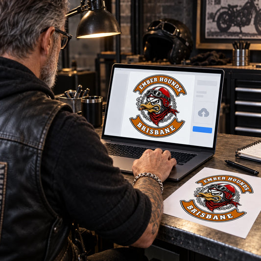 Motorcycle club representative uploading authorized club artwork for a custom metal sign.
