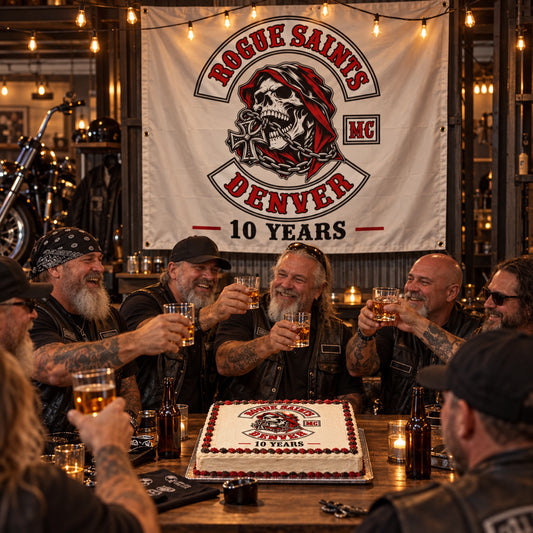 Chapter members celebrating their history in front of a custom motorcycle club anniversary banner.