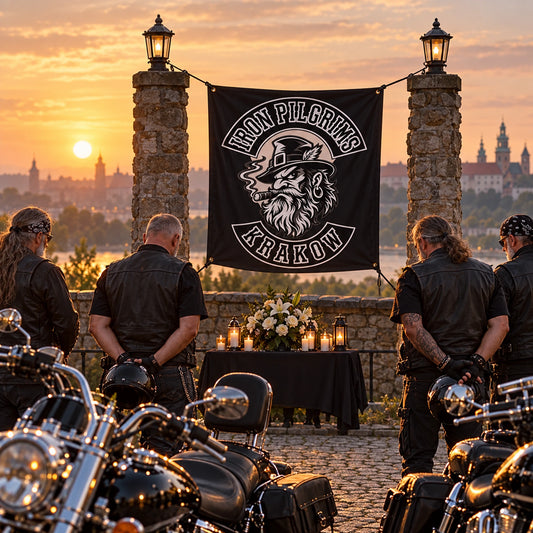 Motorcycle club riders standing respectfully beside a custom memorial ride banner.