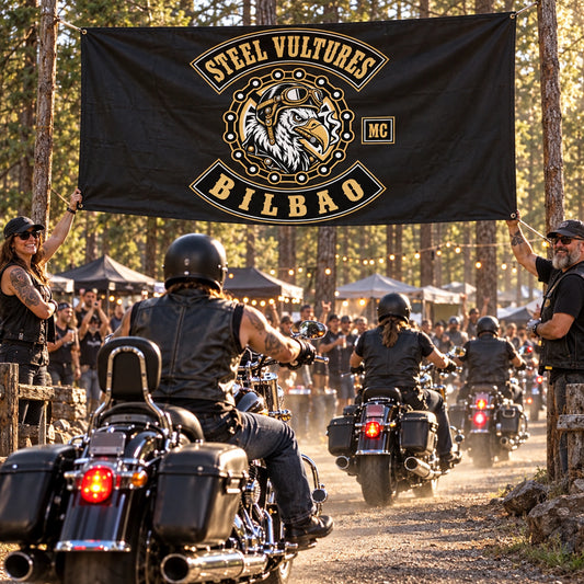 A bold custom club banner welcoming riders to a regional motorcycle rally.