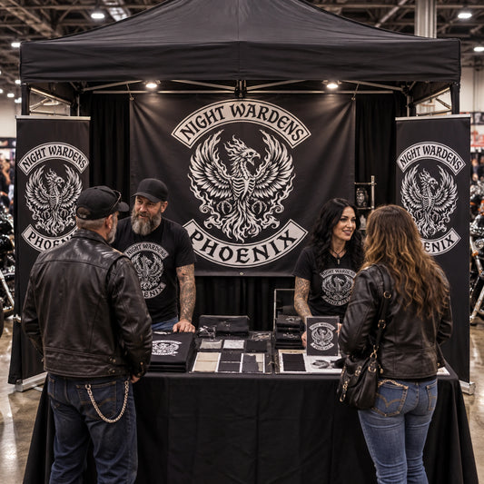 A professional custom motorcycle club banner displayed at a busy bike show booth.