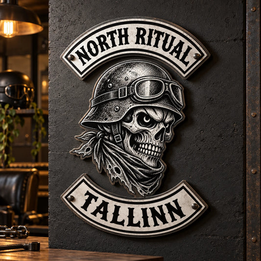 Custom-shaped motorcycle club metal sign following the approved emblem and rocker outlines on a clubhouse wall.