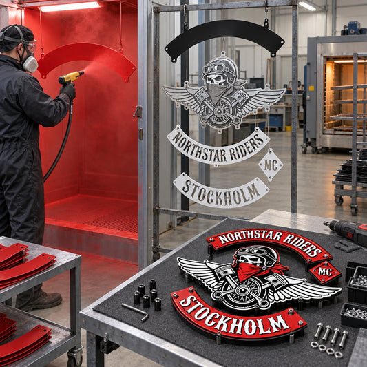 Separate motorcycle club sign components receive individual powder-coated colors before final assembly.