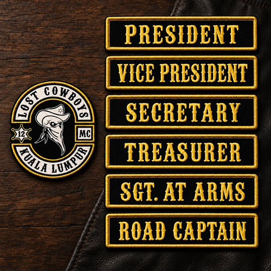 Core motorcycle club officer patches arranged as a coordinated chapter set.