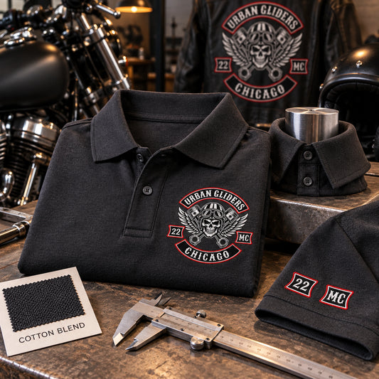 Charcoal Urban Gliders Chicago motorcycle club cotton-blend polo samples show collar recovery, smooth drape, sleeve embroidery and chest branding.