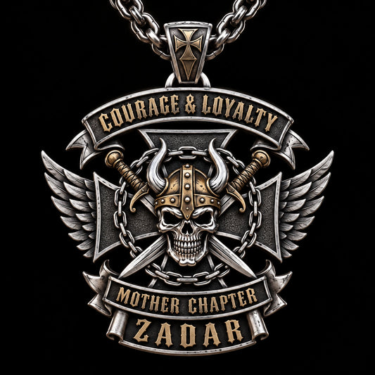 One Courage and Loyalty motorcycle club chapter pendant marked Mother Chapter and Zadar.