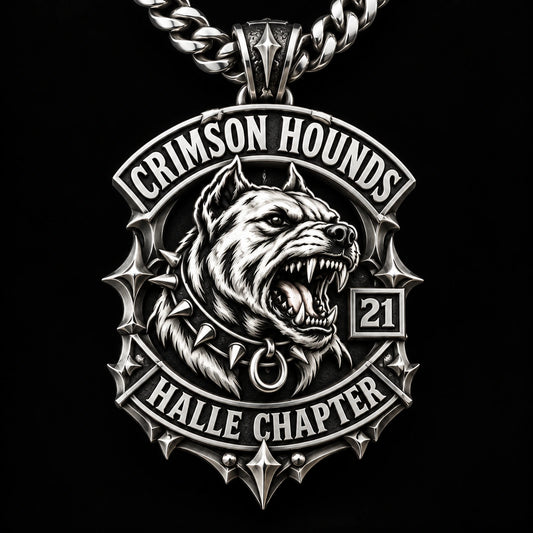 Crimson Hounds motorcycle club pendant with an integrated Halle chapter identity in sculptural sterling silver.