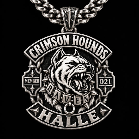 Crimson Hounds motorcycle club member pendant with the road name Raven integrated into the silver design.