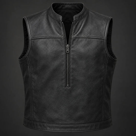 Blank motorcycle club leather vest with a cropped center zipper and banded collar.