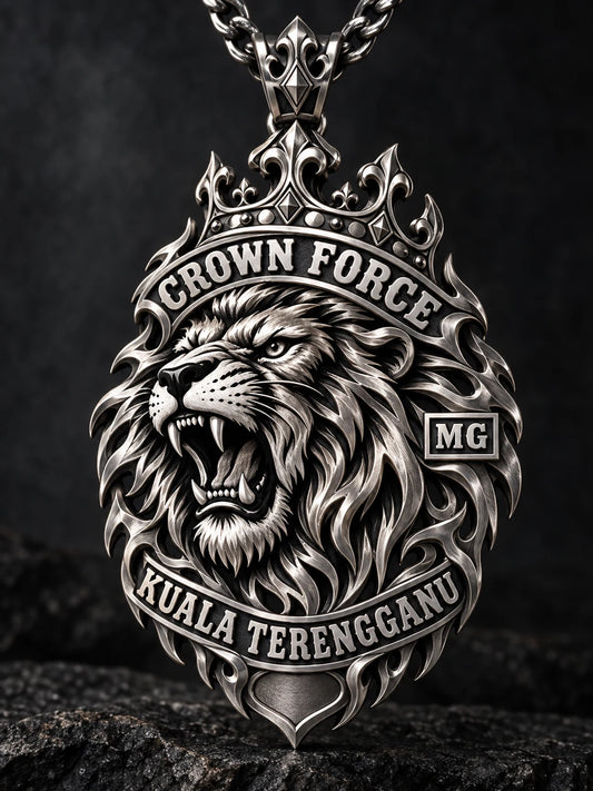 Crown Force custom stainless steel motorcycle club anniversary pendant with a sculpted lion crest.