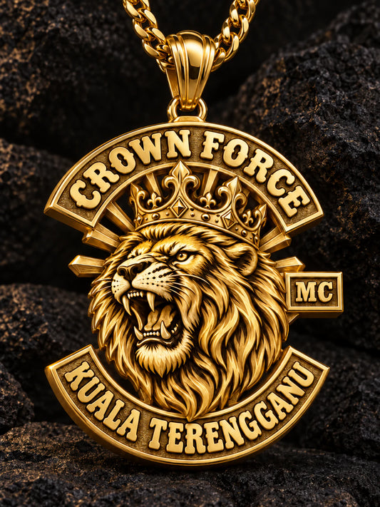 Crown Force motorcycle club emblem redesigned as a sculpted solid 18K gold pendant with raised relief, movable bail and gold chain.