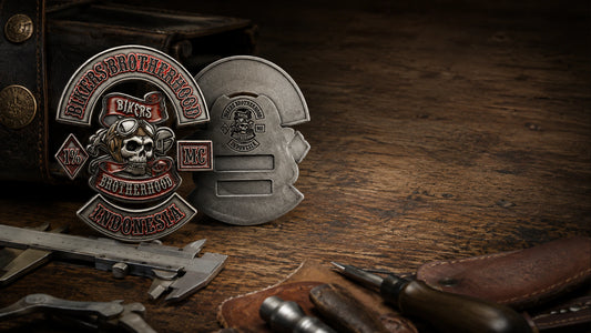 One-piece BIKERS BROTHERHOOD 3D pin shown front and back with a faithful metal backstamp and blank serial fields on a customization desk.