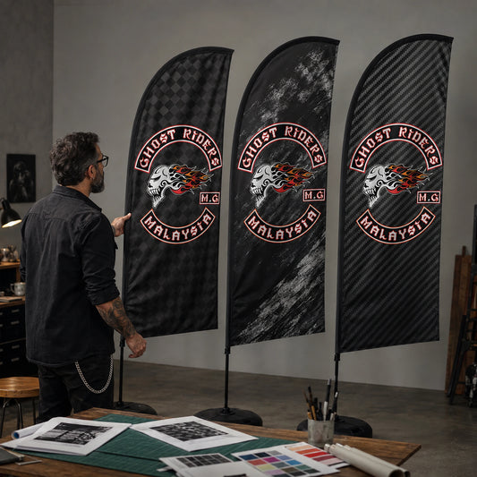 Custom Background Graphics: custom motorcycle club feather flag shown in graphics specialist comparing bold tonal background patterns under neutral studio light.