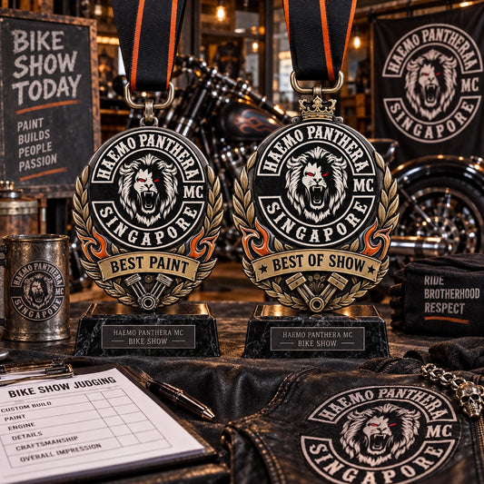 Custom bike show judging table with Best Paint and Best of Show medal presentation. Custom motorcycle club medal.