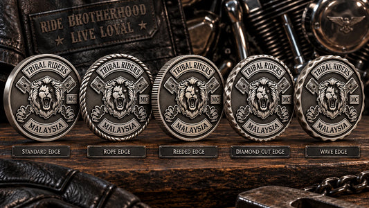 Motorcycle club challenge coin edge options displayed in a macro comparison.