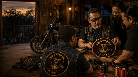 Motorcycle club members reviewing a finished custom back patch.