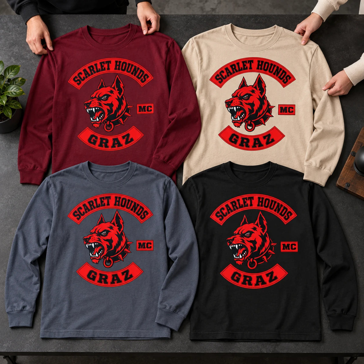 Custom motorcycle club long-sleeve shirts shown in several coordinated garment colors.