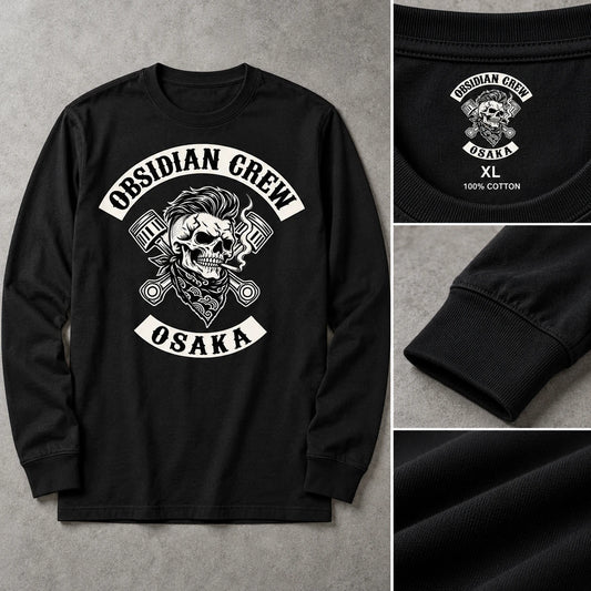 Close view of a custom motorcycle club neck label inside a premium long-sleeve shirt.