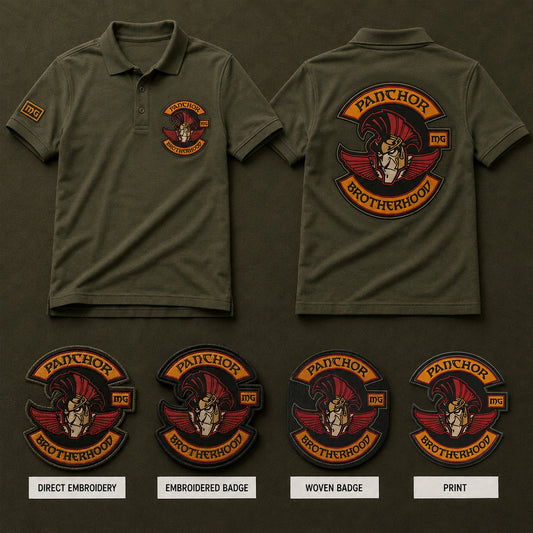 Olive Panchor Brotherhood polo samples and labeled decoration method samples compare embroidery, badges, and print across chest, sleeve, and large back areas.