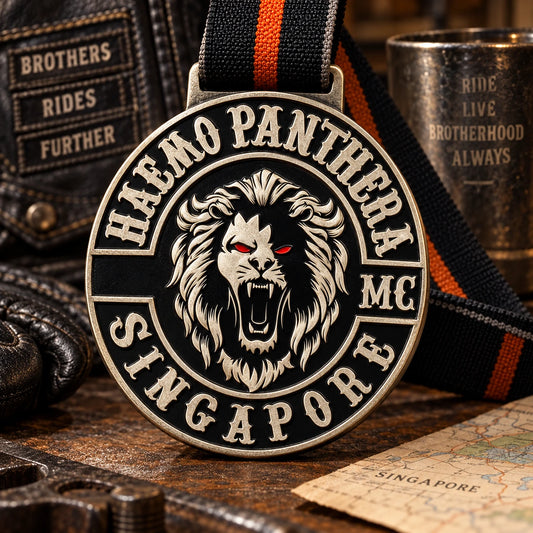 Solid rally-event medal shaped around a road crest without openings. Custom motorcycle club medal.