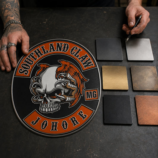 Custom motorcycle club metal sign reviewed beside finish samples for the intended display space.