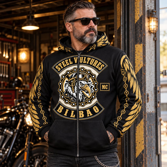 Mature rider wearing a custom full-zip all-over print motorcycle club hoodie with coordinated front panels.